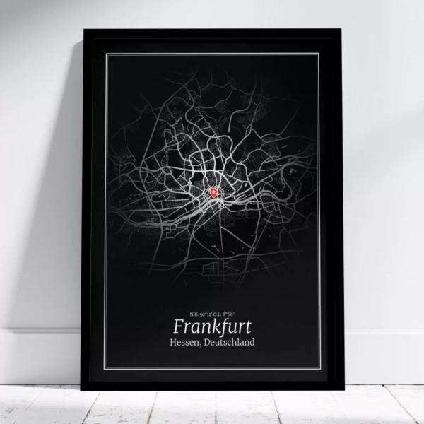 Schwarzer Frankfurt Stadtplan Poster mit Rahmen