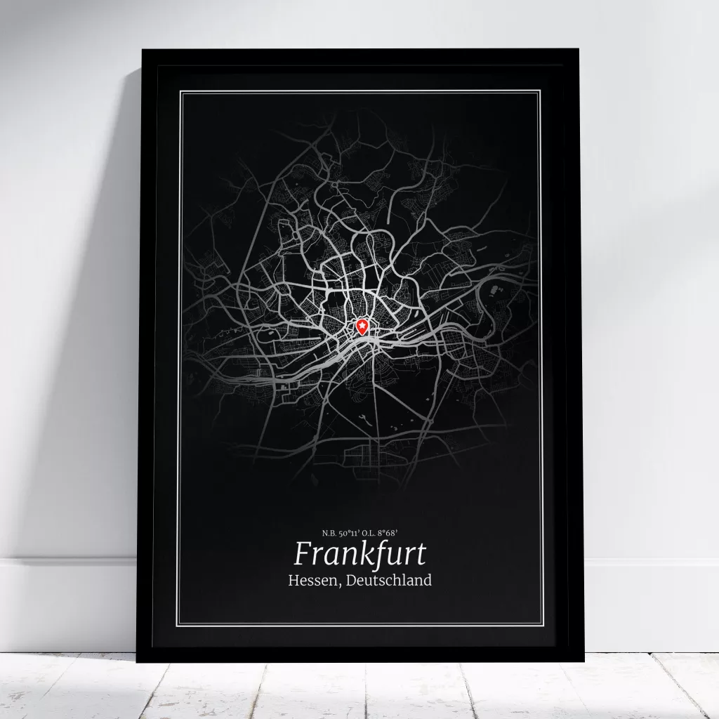 Schwarzer Frankfurt Stadtplan Poster mit Rahmen